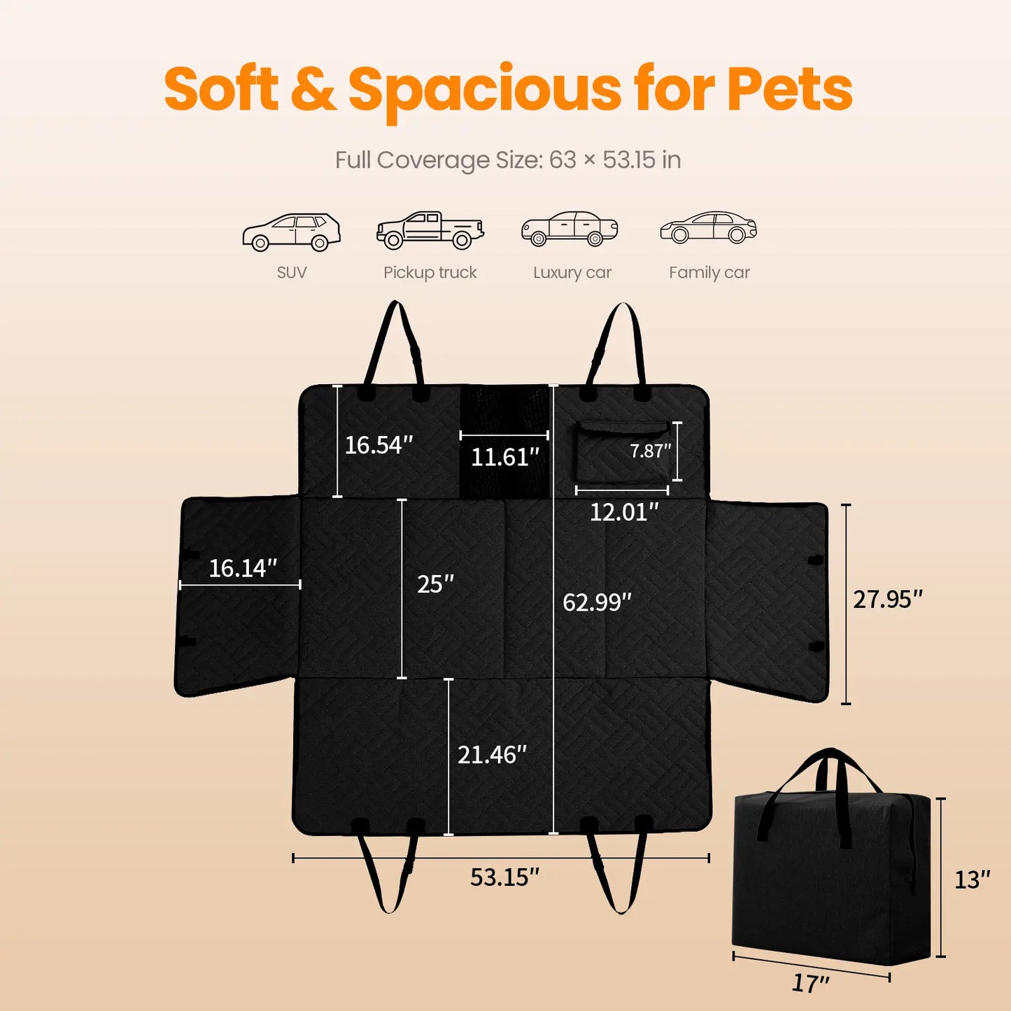 Dog Car Seat Cover for Large Dogs, Full-Cover Waterproof Back Seat Protector, Foldable, Beige/Black