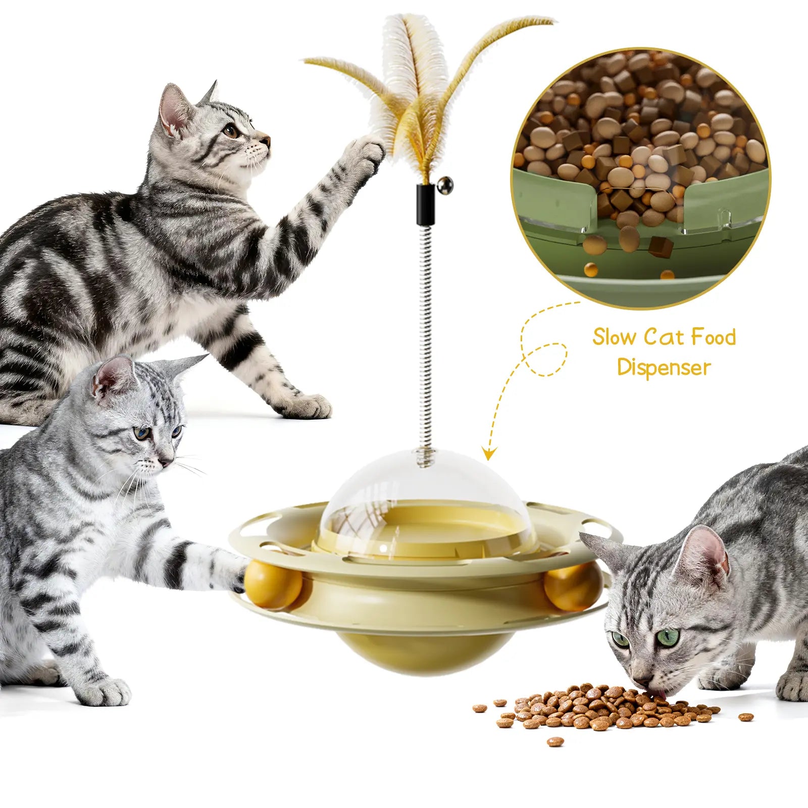 3-in-1 Interactive Wobbling Cat Roller Toy with Moving Feather and 360° Rotating Food Dispensing Feature for Anxiety Relief and Enhanced Playtime