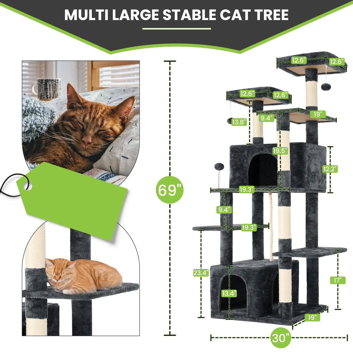 Wecharmer Indoor Cat Tree Tower with Green Leaf Design, Plush Condo and Hanging Ball, Pet Furniture with Scratching Posts