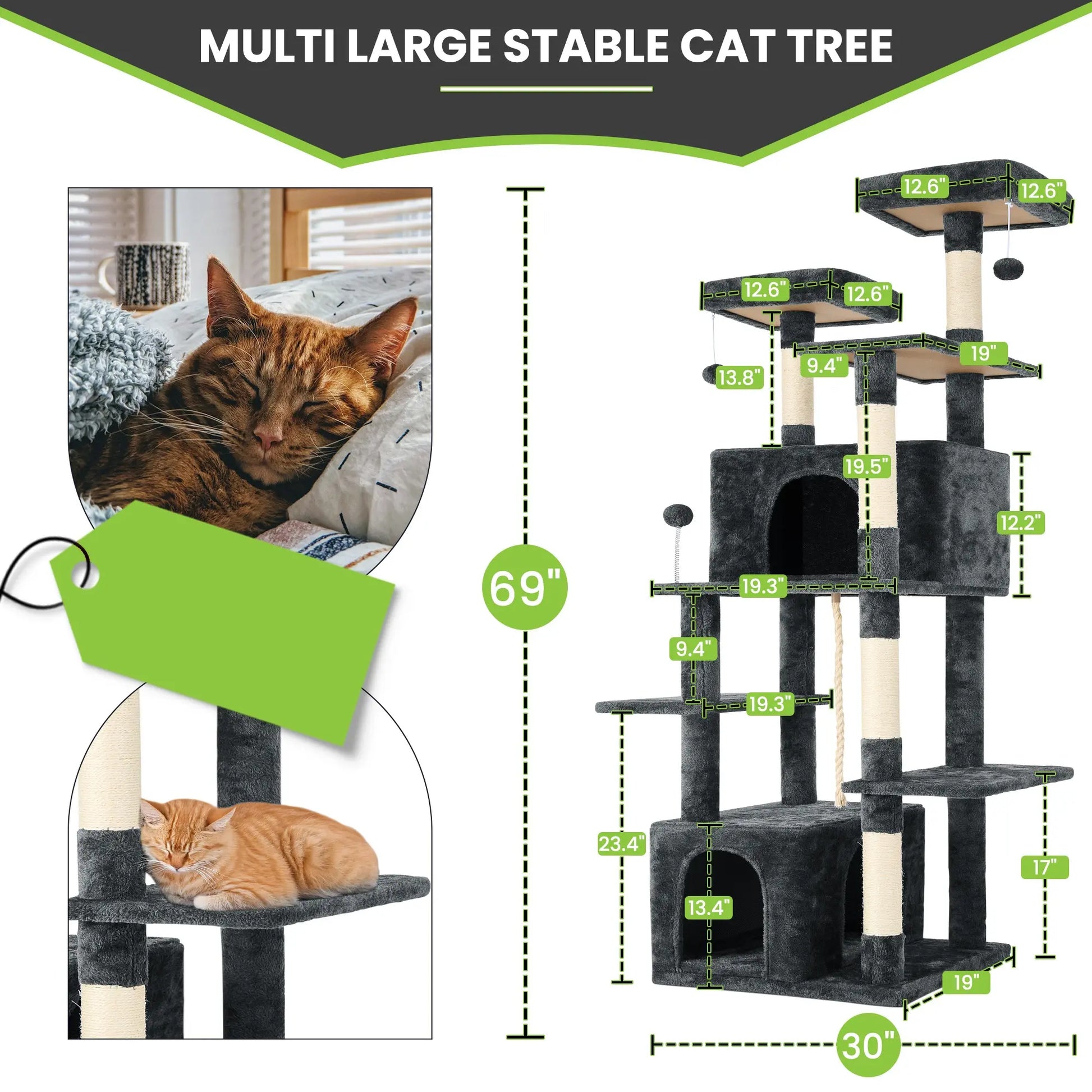 Wecharmer Indoor Cat Tree Tower with Green Leaf Design, Plush Condo and Hanging Ball, Pet Furniture with Scratching Posts