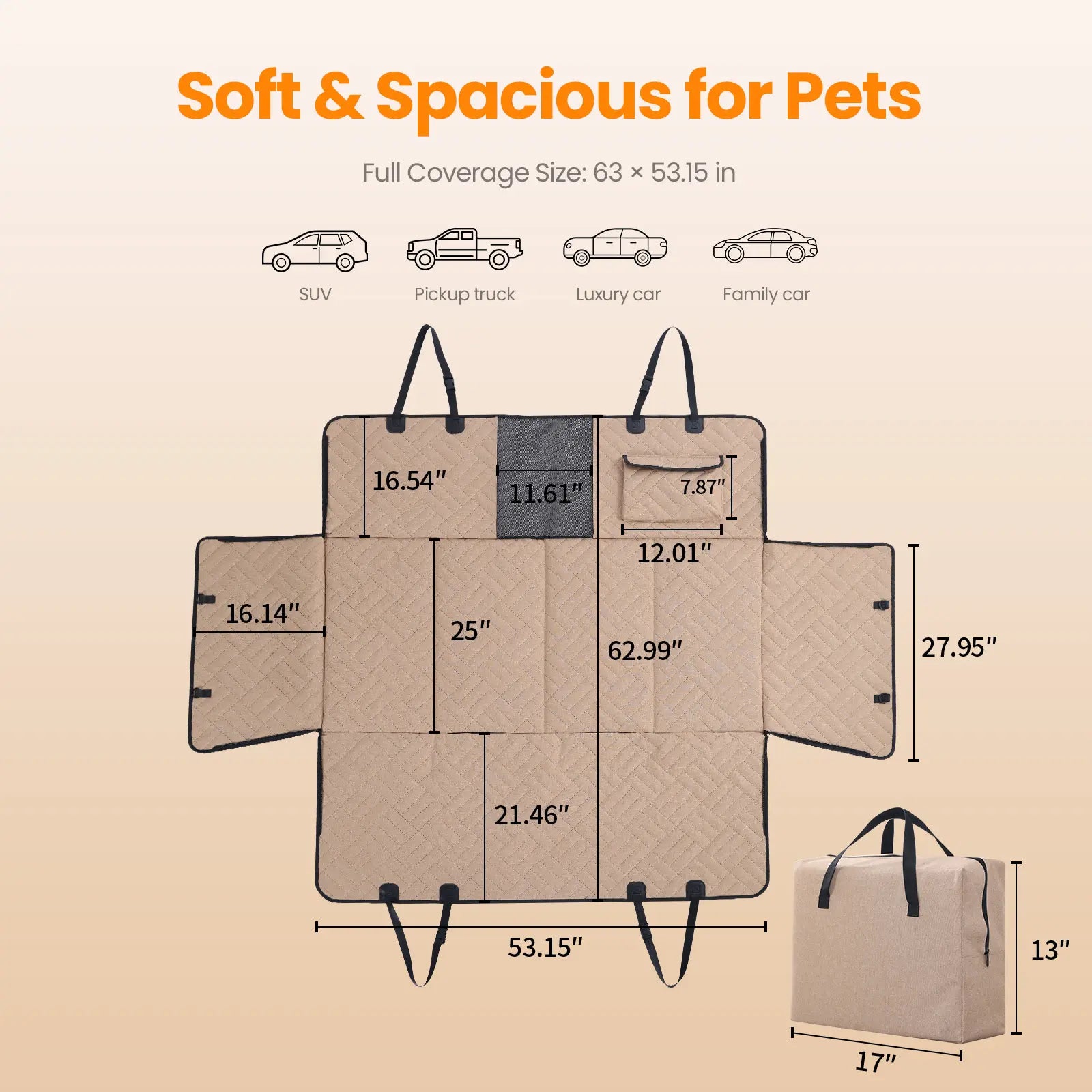 Dog Car Seat Cover for Large Dogs, Full-Cover Waterproof Back Seat Protector, Foldable, Beige/Black
