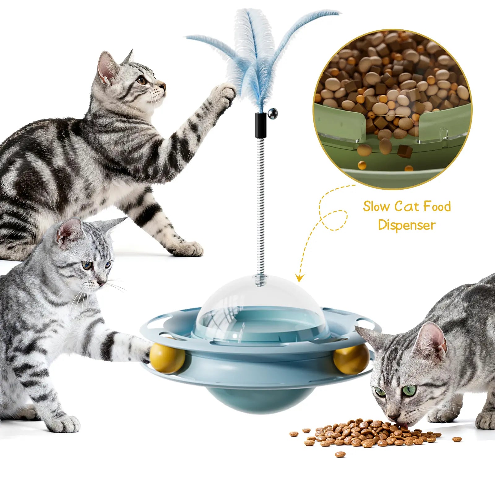 3-in-1 Interactive Wobbling Cat Roller Toy with Moving Feather and 360° Rotating Food Dispensing Feature for Anxiety Relief and Enhanced Playtime