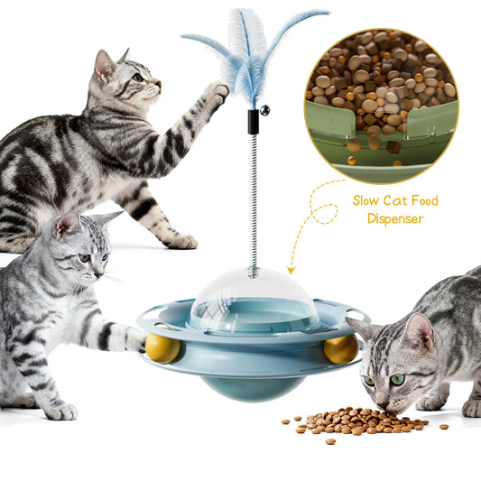 3-in-1 Interactive Wobbling Cat Roller Toy with Moving Feather and 360° Rotating Food Dispensing Feature for Anxiety Relief and Enhanced Playtime