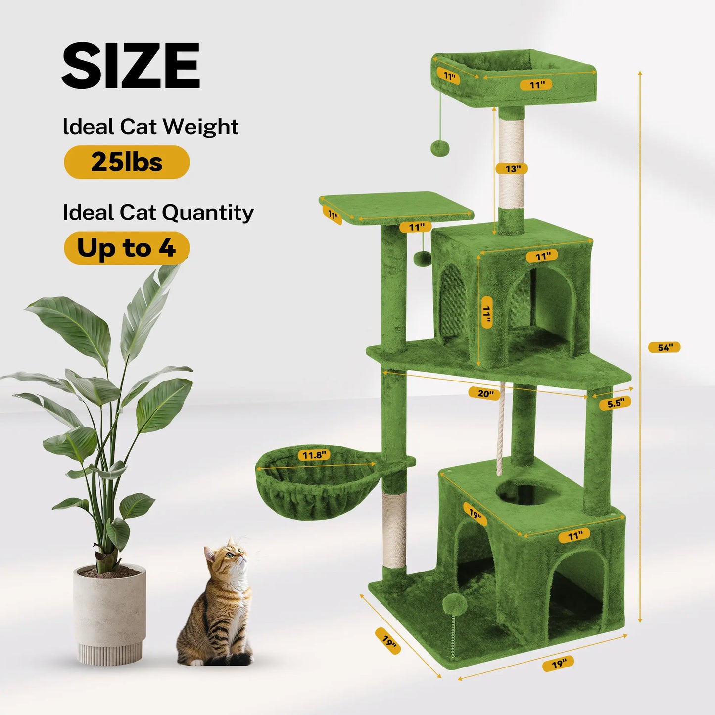 Wecharmer Indoor Cat Tree Tower with Green Leaf Design, Plush Condo and Hanging Ball, Pet Furniture with Scratching Posts