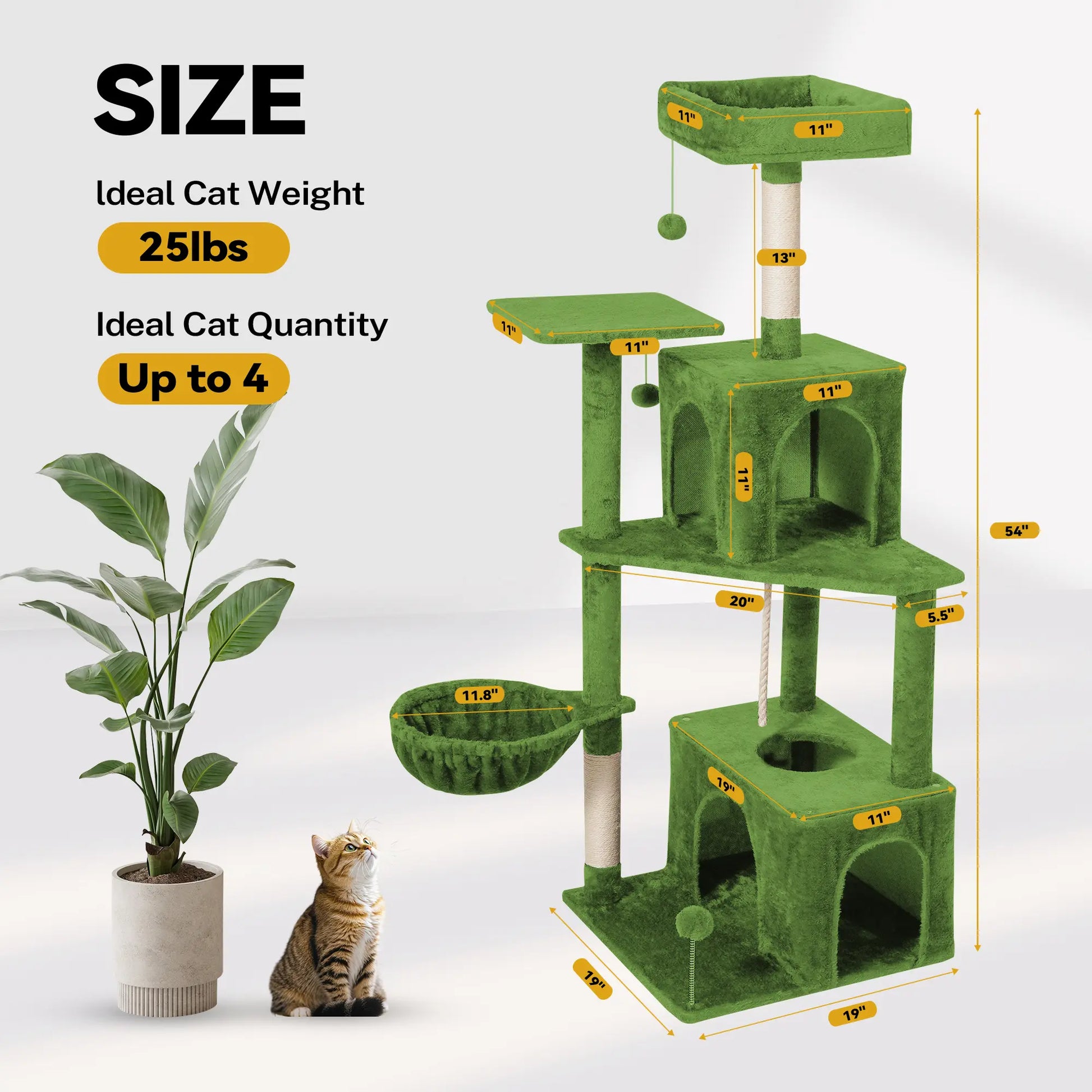 Wecharmer Indoor Cat Tree Tower with Green Leaf Design, Plush Condo and Hanging Ball, Pet Furniture with Scratching Posts