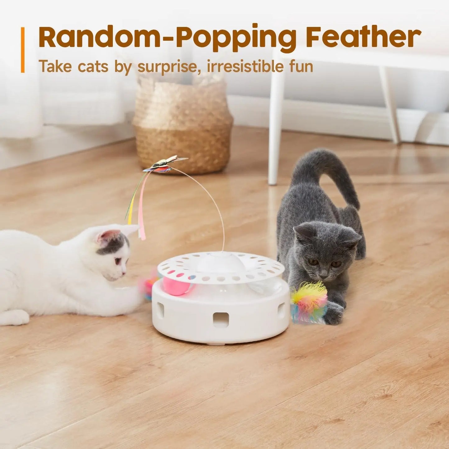 3-in-1 Interactive Wobbling Cat Roller Toy with Moving Feather and 360° Rotating Food Dispensing Feature for Anxiety Relief and Enhanced Playtime