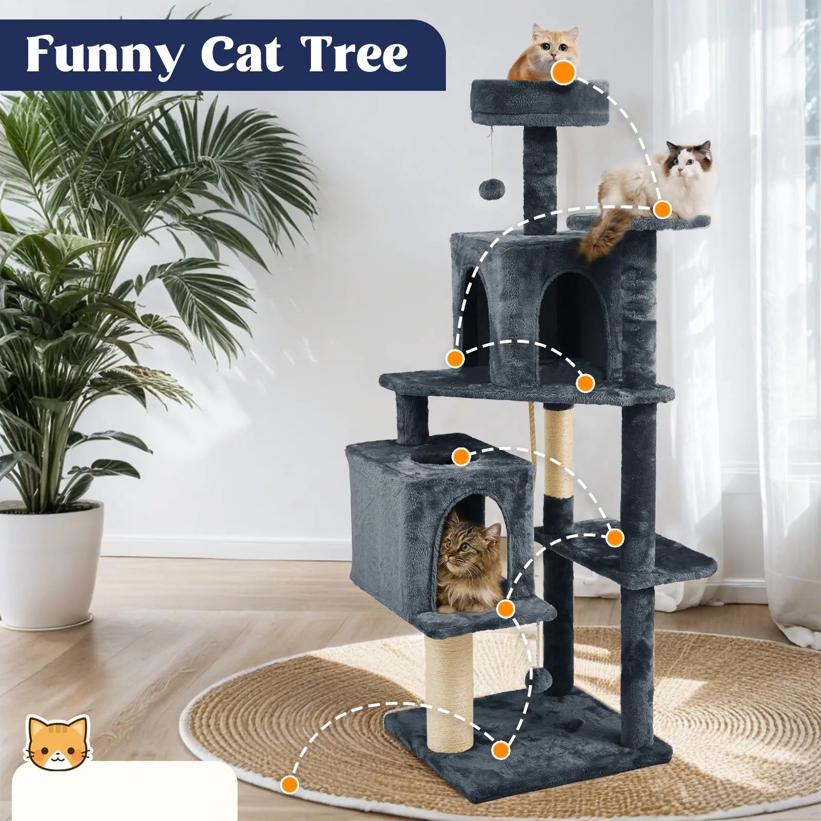 Wecharmer Indoor Cat Tree Tower with Green Leaf Design, Plush Condo and Hanging Ball, Pet Furniture with Scratching Posts