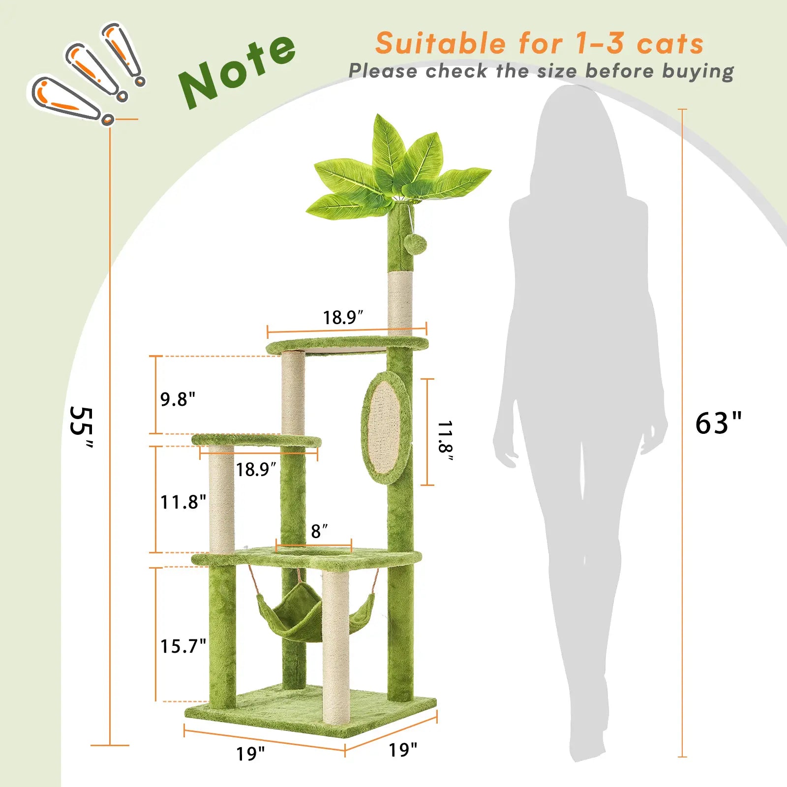 Wecharmer Indoor Cat Tree Tower with Green Leaf Design, Plush Condo and Hanging Ball, Pet Furniture with Scratching Posts