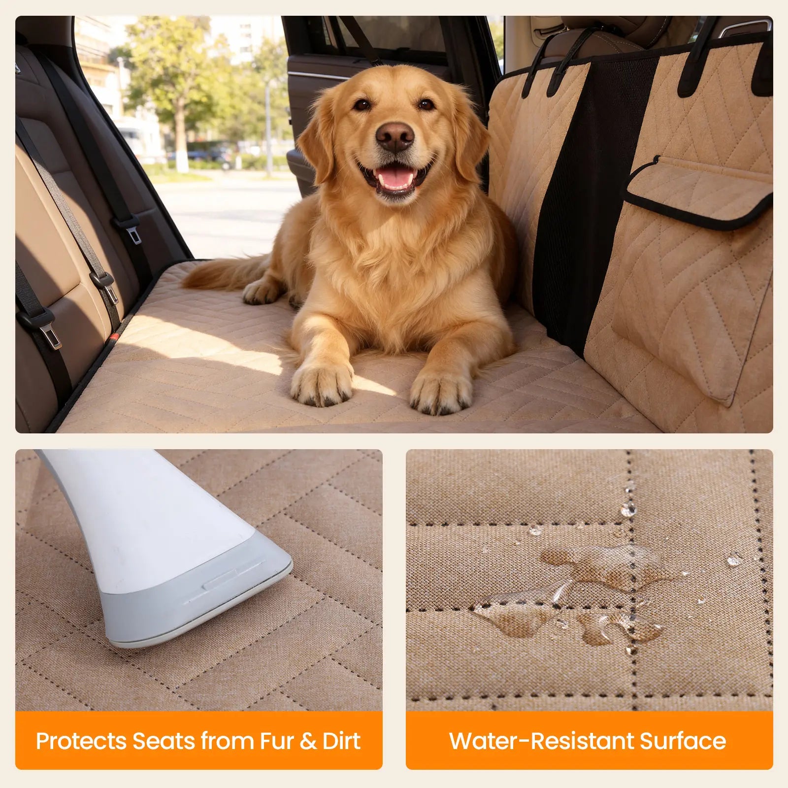 Dog Car Seat Cover for Large Dogs, Full-Cover Waterproof Back Seat Protector, Foldable, Beige/Black