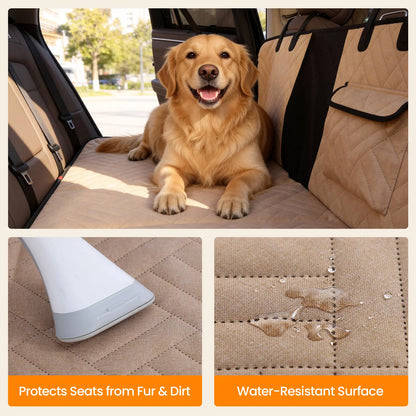 Dog Car Seat Cover for Large Dogs, Full-Cover Waterproof Back Seat Protector, Foldable, Beige/Black