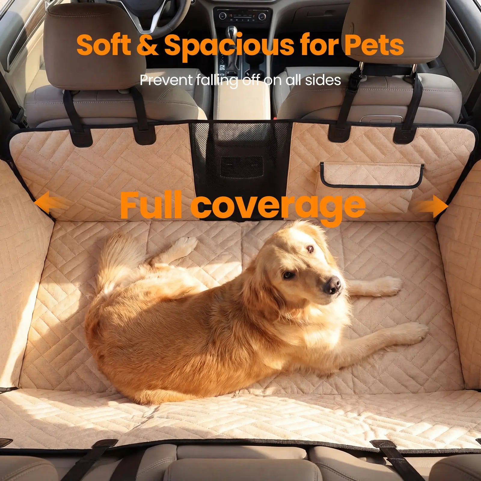 Dog Car Seat Cover for Large Dogs, Full-Cover Waterproof Back Seat Protector, Foldable, Beige/Black