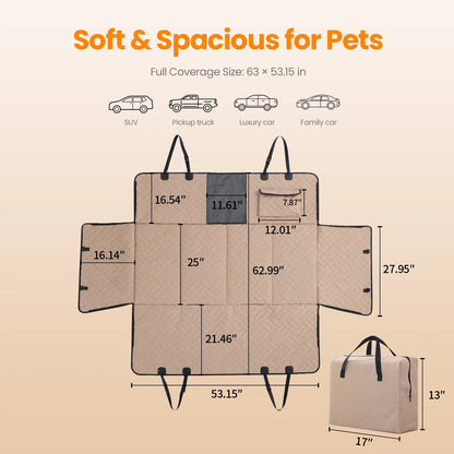 Dog Car Seat Cover for Large Dogs, Full-Cover Waterproof Back Seat Protector, Foldable, Beige/Black