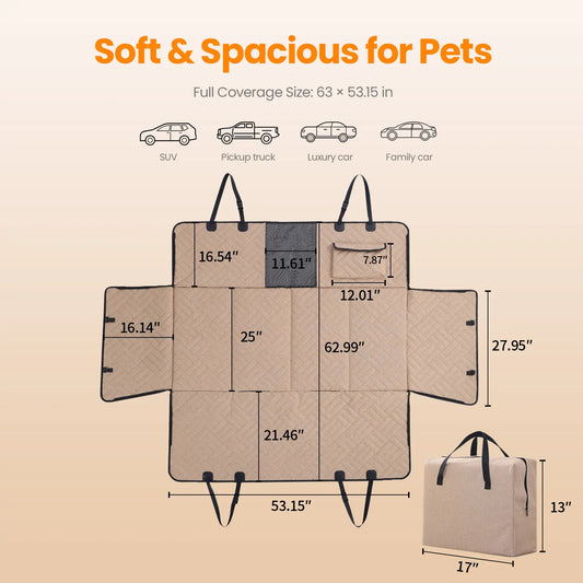 Dog Car Seat Cover for Large Dogs, Full-Cover Waterproof Back Seat Protector, Foldable, Beige/Black