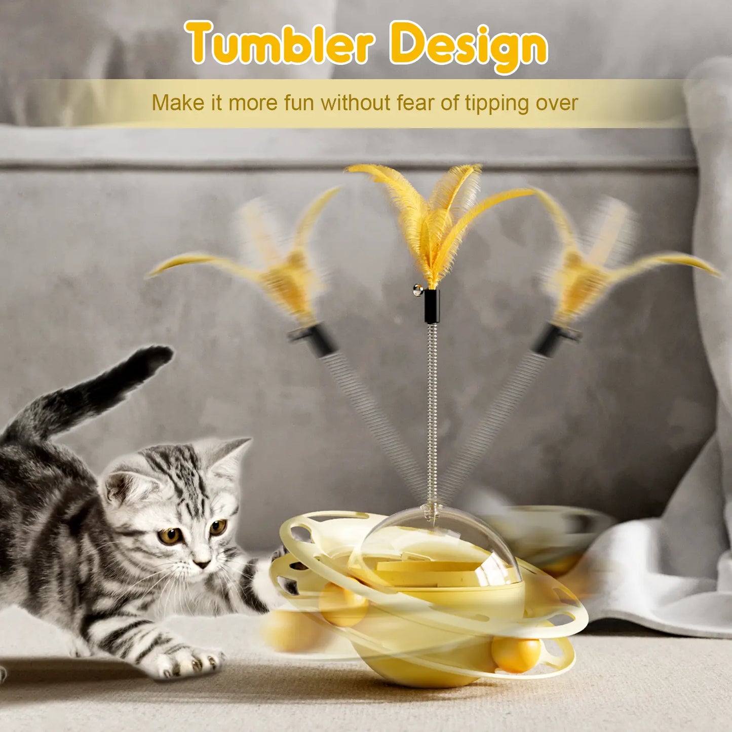 3-in-1 Interactive Wobbling Cat Roller Toy with Moving Feather and 360° Rotating Food Dispensing Feature for Anxiety Relief and Enhanced Playtime