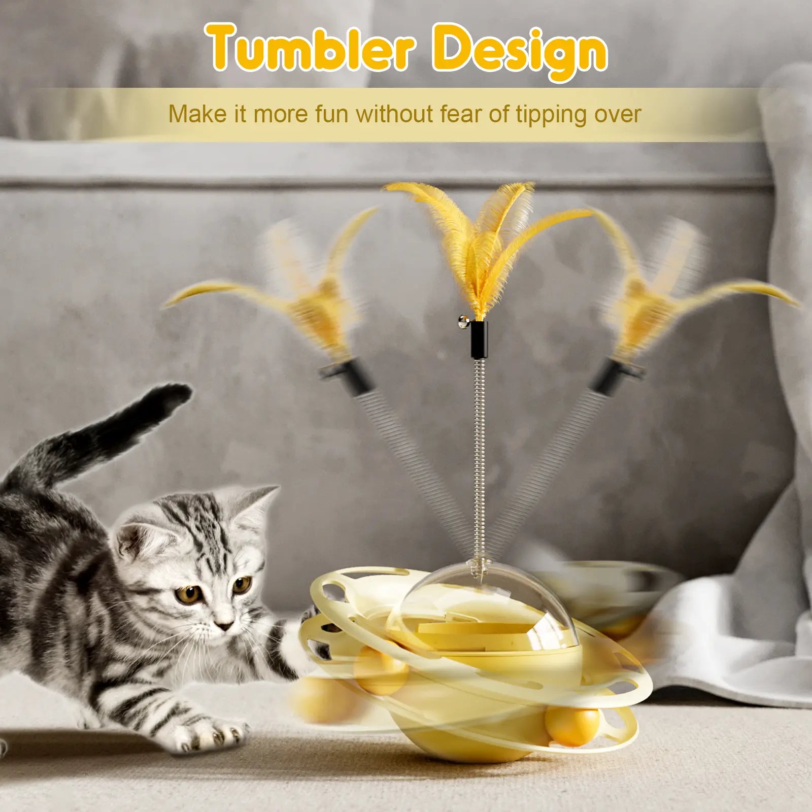 3-in-1 Interactive Wobbling Cat Roller Toy with Moving Feather and 360° Rotating Food Dispensing Feature for Anxiety Relief and Enhanced Playtime