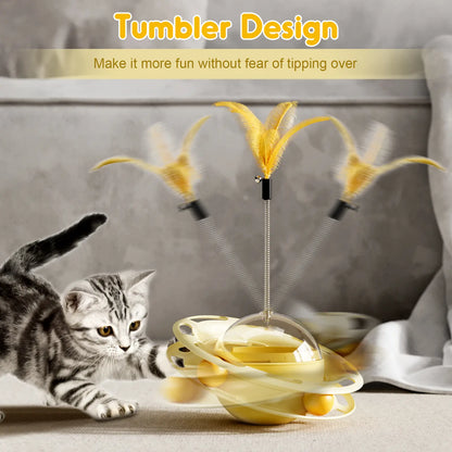 3-in-1 Interactive Wobbling Cat Roller Toy with Moving Feather and 360° Rotating Food Dispensing Feature for Anxiety Relief and Enhanced Playtime