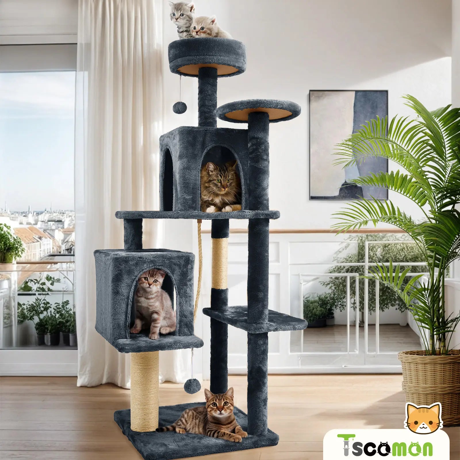 Wecharmer Indoor Cat Tree Tower with Green Leaf Design, Plush Condo and Hanging Ball, Pet Furniture with Scratching Posts