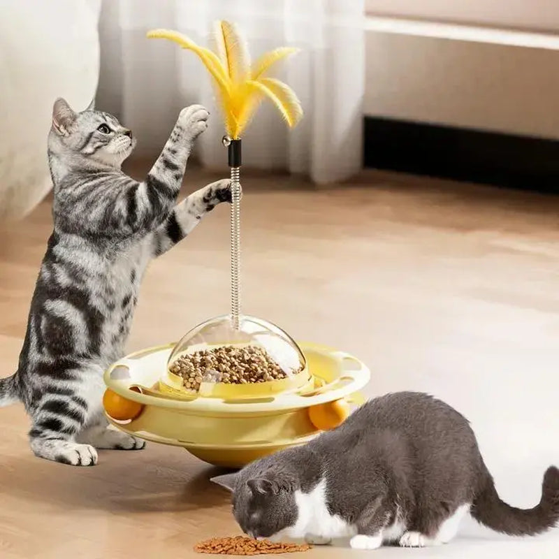 3-in-1 Interactive Wobbling Cat Roller Toy with Moving Feather and 360° Rotating Food Dispensing Feature for Anxiety Relief and Enhanced Playtime