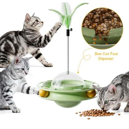 3-in-1 Interactive Wobbling Cat Roller Toy with Moving Feather and 360° Rotating Food Dispensing Feature for Anxiety Relief and Enhanced Playtime