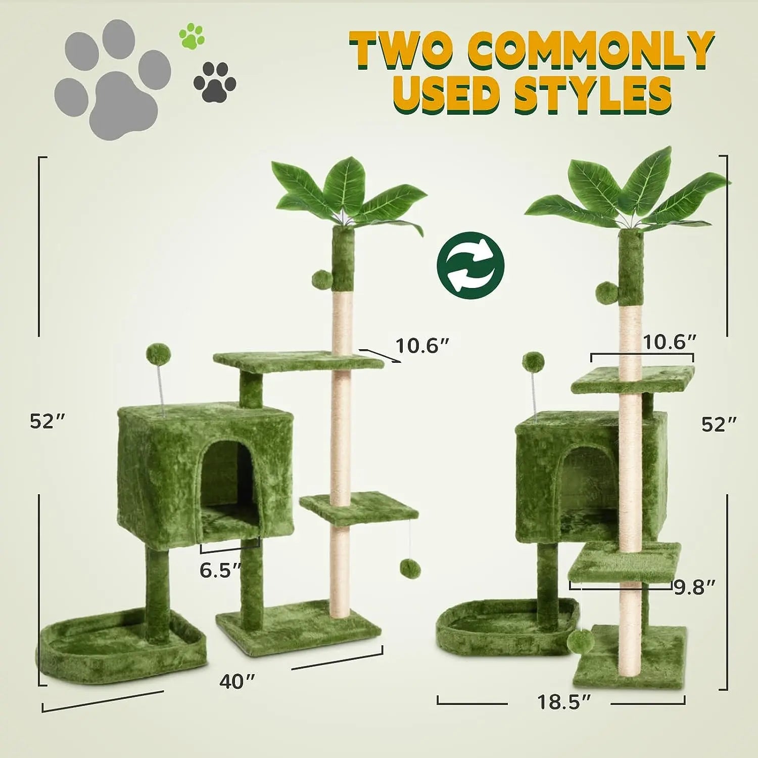 Wecharmer Indoor Cat Tree Tower with Green Leaf Design, Plush Condo and Hanging Ball, Pet Furniture with Scratching Posts