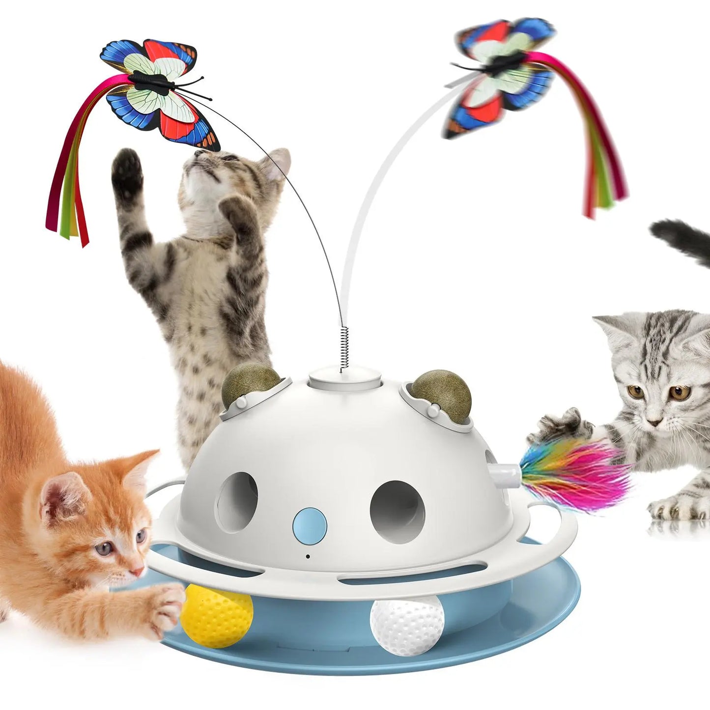 3-in-1 Interactive Wobbling Cat Roller Toy with Moving Feather and 360° Rotating Food Dispensing Feature for Anxiety Relief and Enhanced Playtime