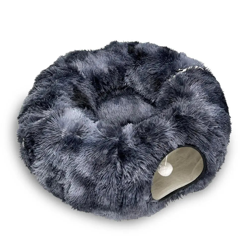 Long Plush Two-In-One Cat Tunnel Bed, Winter Warm Donut Cat Nest, Closed Hideaway Cat Toy, Soft Thick Non-Slip Bottom, Suitable for Multiple Cats, Shaped Beds
