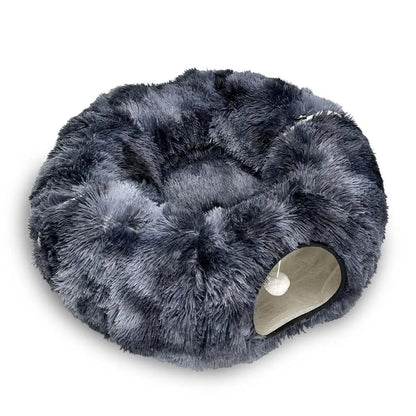 Long Plush Two-In-One Cat Tunnel Bed, Winter Warm Donut Cat Nest, Closed Hideaway Cat Toy, Soft Thick Non-Slip Bottom, Suitable for Multiple Cats, Shaped Beds