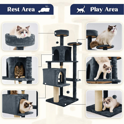 Wecharmer Indoor Cat Tree Tower with Green Leaf Design, Plush Condo and Hanging Ball, Pet Furniture with Scratching Posts