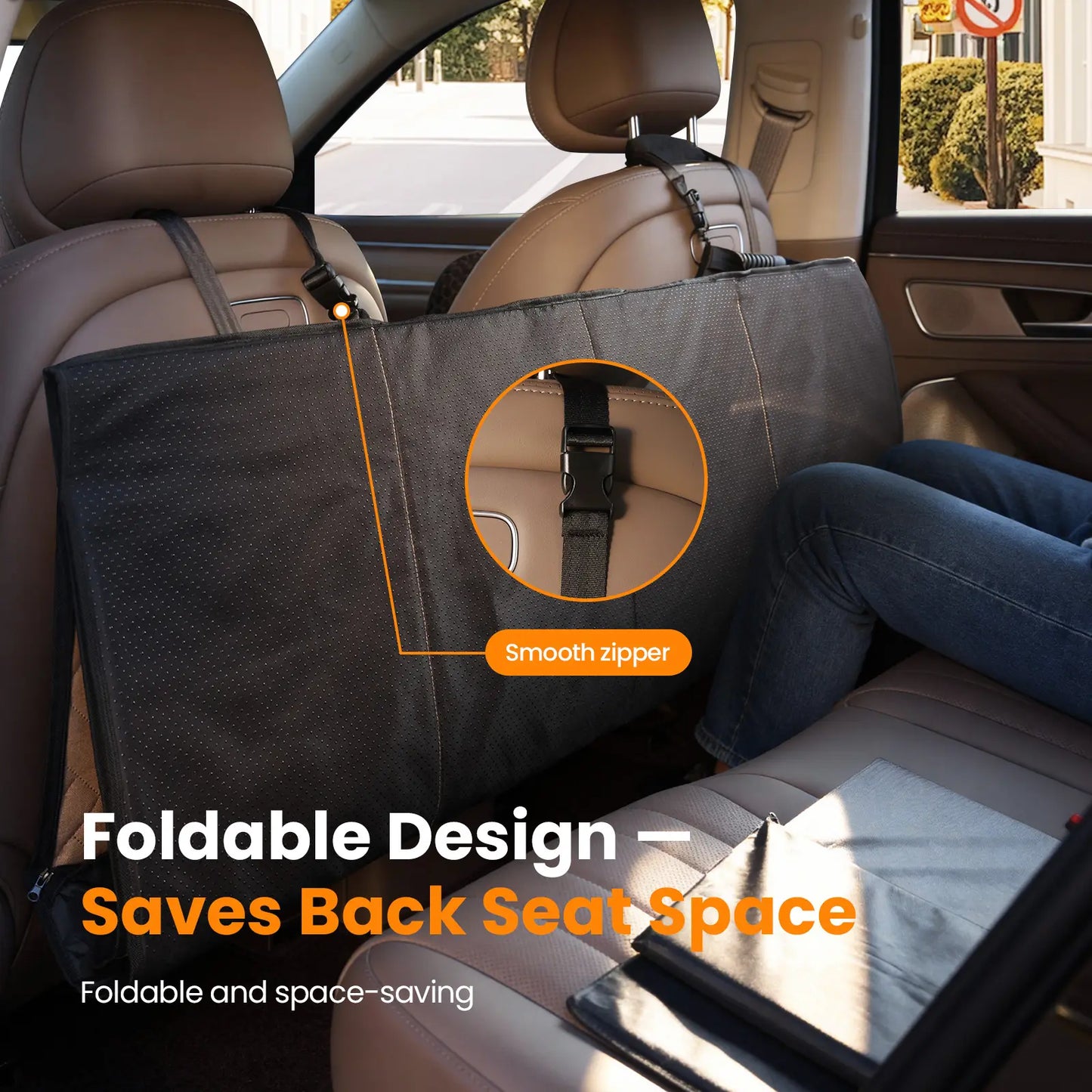 Dog Car Seat Cover for Large Dogs, Full-Cover Waterproof Back Seat Protector, Foldable, Beige/Black