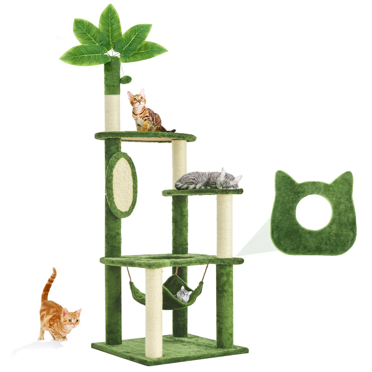 Wecharmer Indoor Cat Tree Tower with Green Leaf Design, Plush Condo and Hanging Ball, Pet Furniture with Scratching Posts