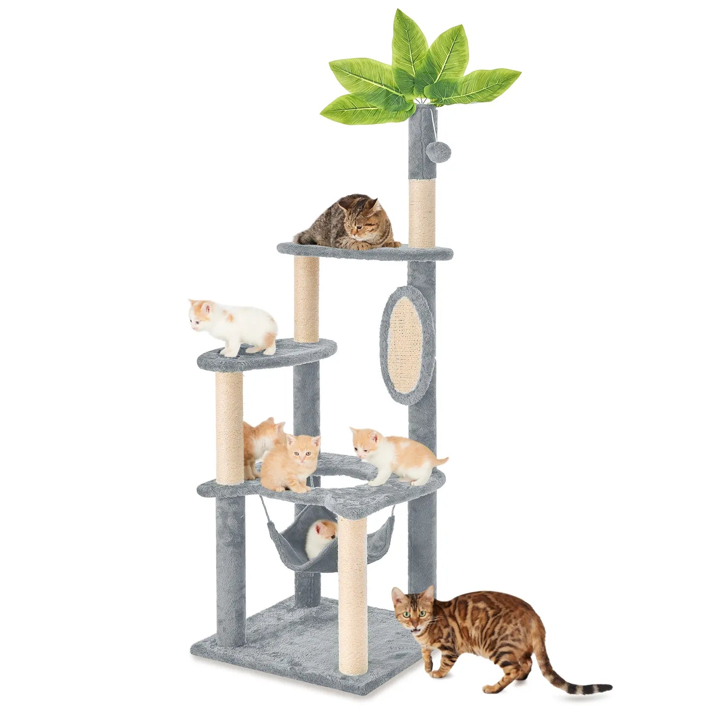 Wecharmer Indoor Cat Tree Tower with Green Leaf Design, Plush Condo and Hanging Ball, Pet Furniture with Scratching Posts
