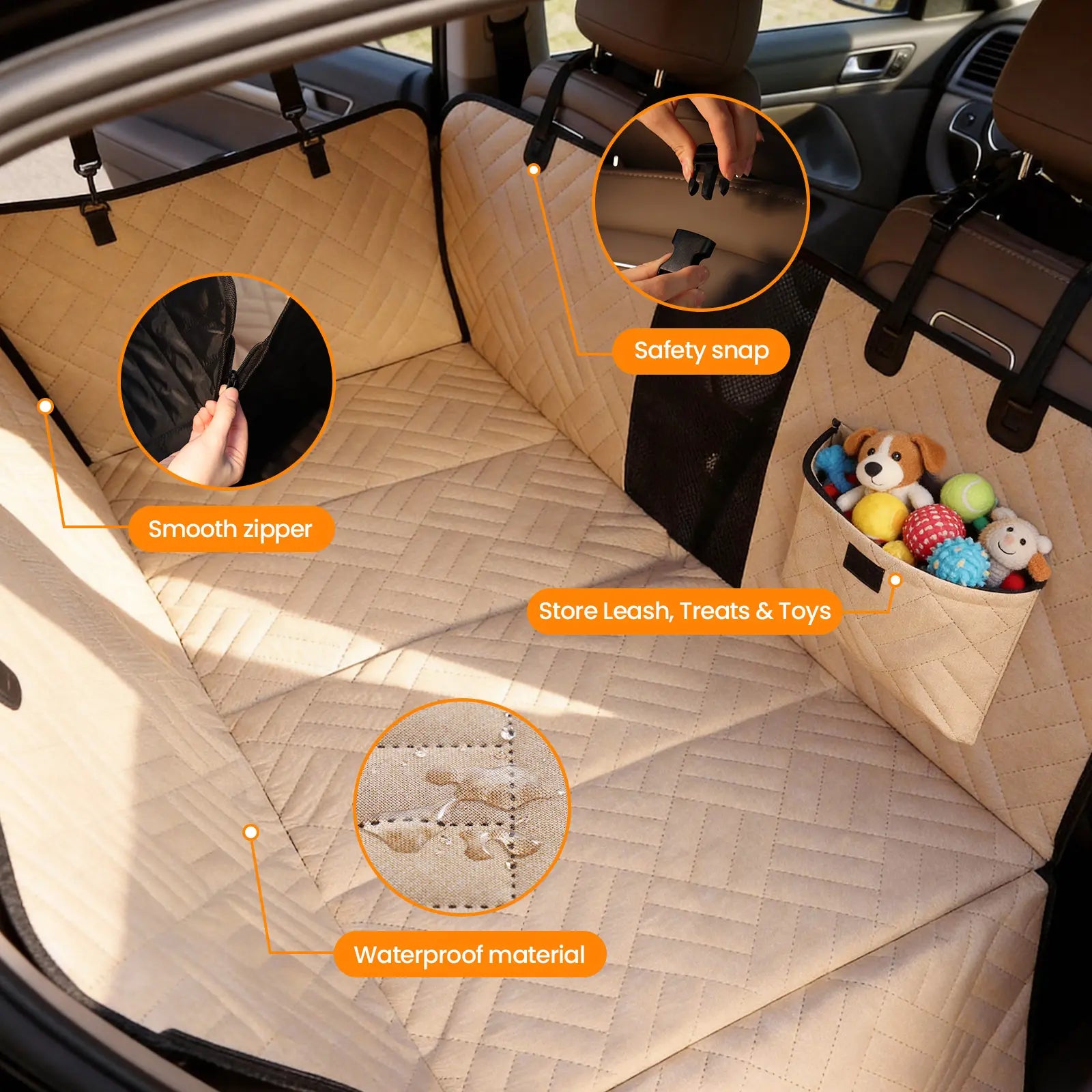 Dog Car Seat Cover for Large Dogs, Full-Cover Waterproof Back Seat Protector, Foldable, Beige/Black