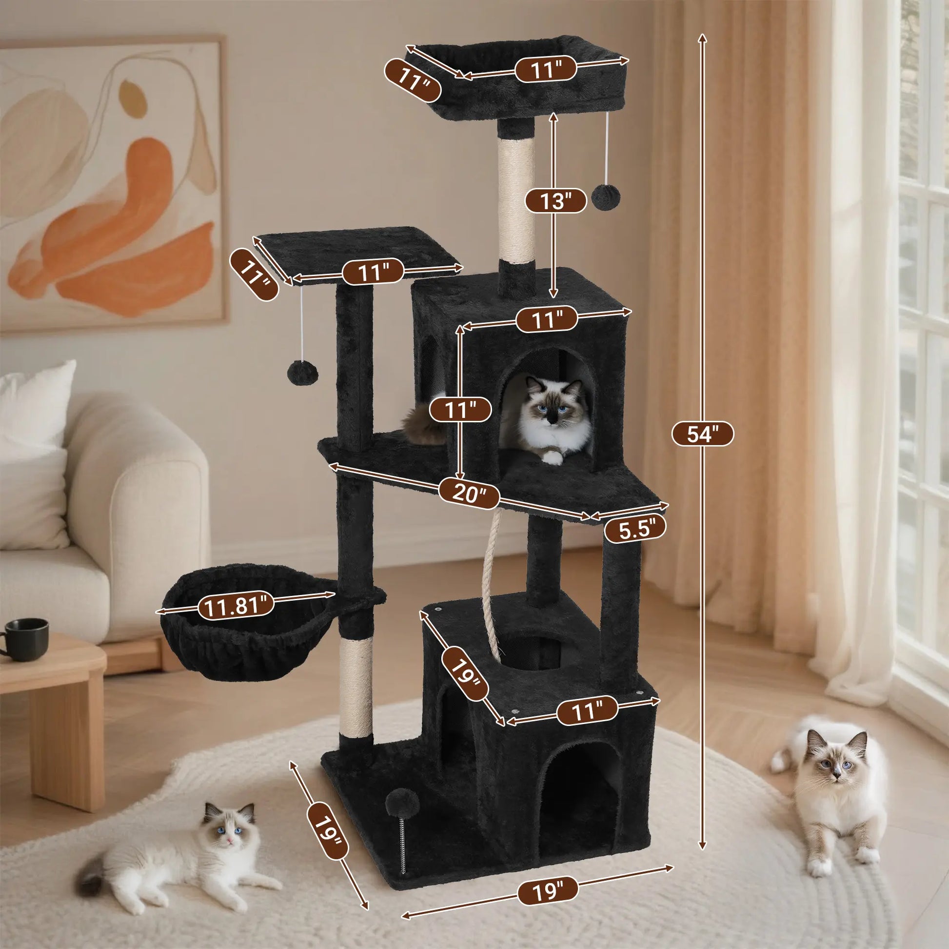 Wecharmer Indoor Cat Tree Tower with Green Leaf Design, Plush Condo and Hanging Ball, Pet Furniture with Scratching Posts