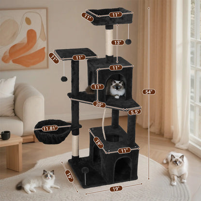 Wecharmer Indoor Cat Tree Tower with Green Leaf Design, Plush Condo and Hanging Ball, Pet Furniture with Scratching Posts