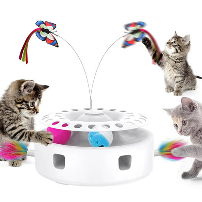 3-in-1 Interactive Wobbling Cat Roller Toy with Moving Feather and 360° Rotating Food Dispensing Feature for Anxiety Relief and Enhanced Playtime