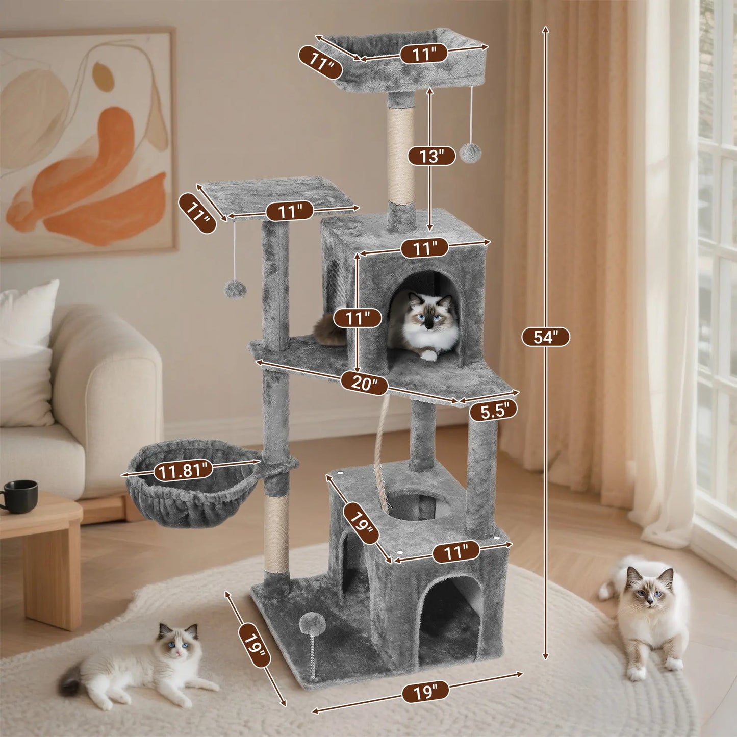 Wecharmer Indoor Cat Tree Tower with Green Leaf Design, Plush Condo and Hanging Ball, Pet Furniture with Scratching Posts