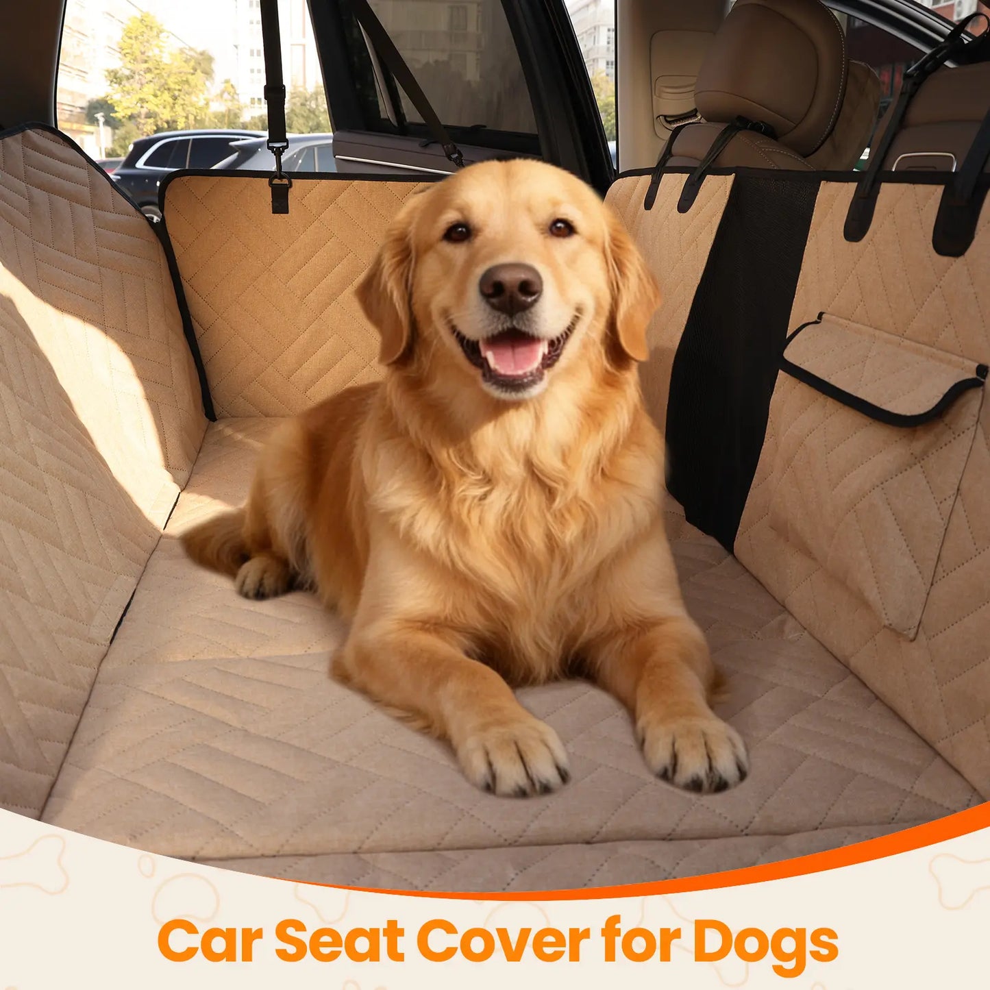 Dog Car Seat Cover for Large Dogs, Full-Cover Waterproof Back Seat Protector, Foldable, Beige/Black