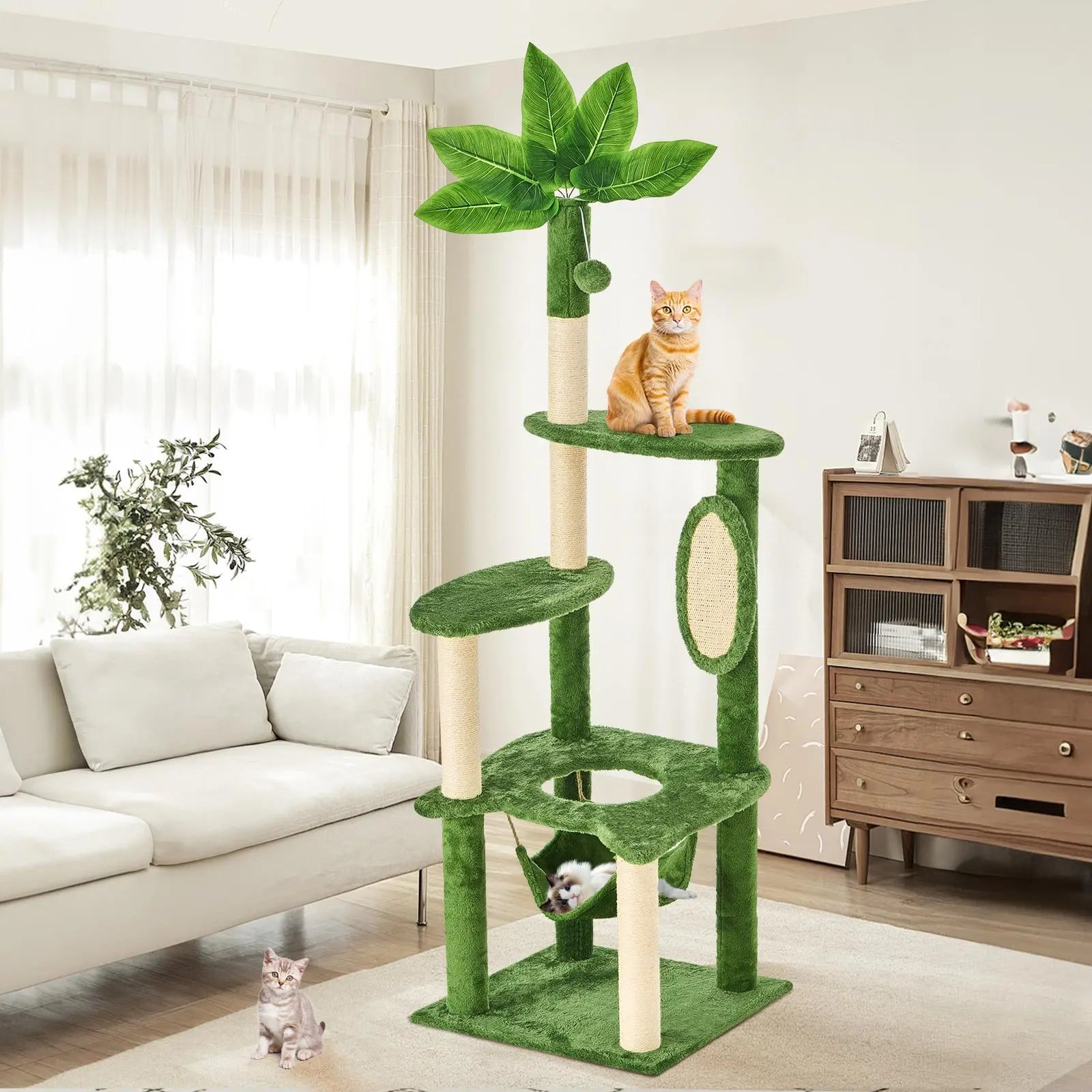 Wecharmer Indoor Cat Tree Tower with Green Leaf Design, Plush Condo and Hanging Ball, Pet Furniture with Scratching Posts