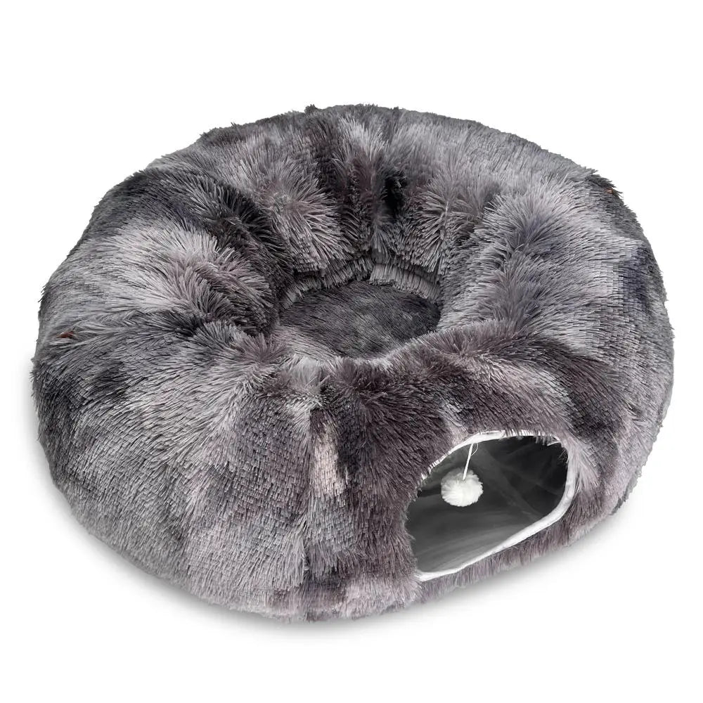 Long Plush Two-In-One Cat Tunnel Bed, Winter Warm Donut Cat Nest, Closed Hideaway Cat Toy, Soft Thick Non-Slip Bottom, Suitable for Multiple Cats, Shaped Beds