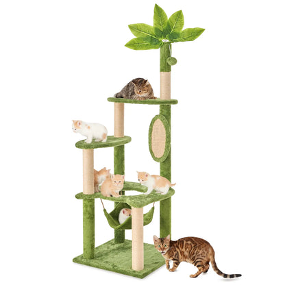 Wecharmer Indoor Cat Tree Tower with Green Leaf Design, Plush Condo and Hanging Ball, Pet Furniture with Scratching Posts