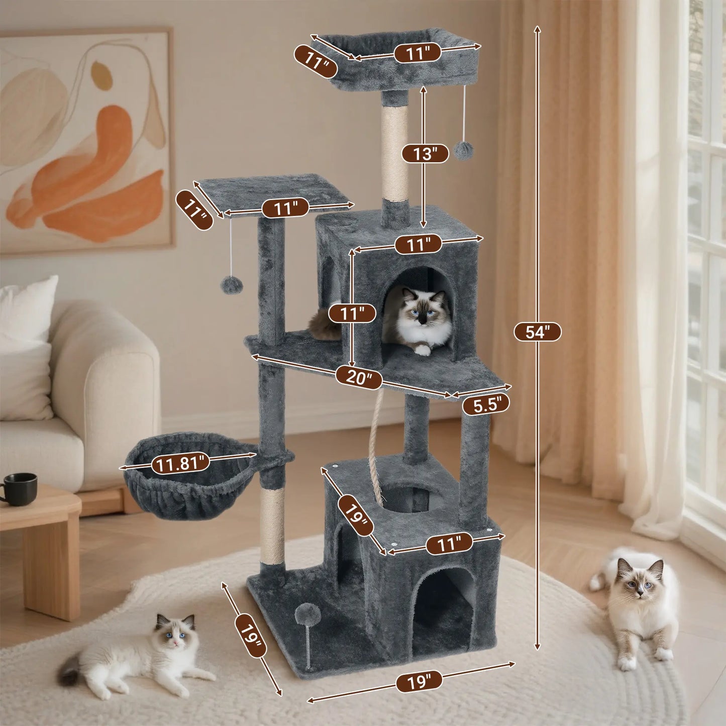 Wecharmer Indoor Cat Tree Tower with Green Leaf Design, Plush Condo and Hanging Ball, Pet Furniture with Scratching Posts