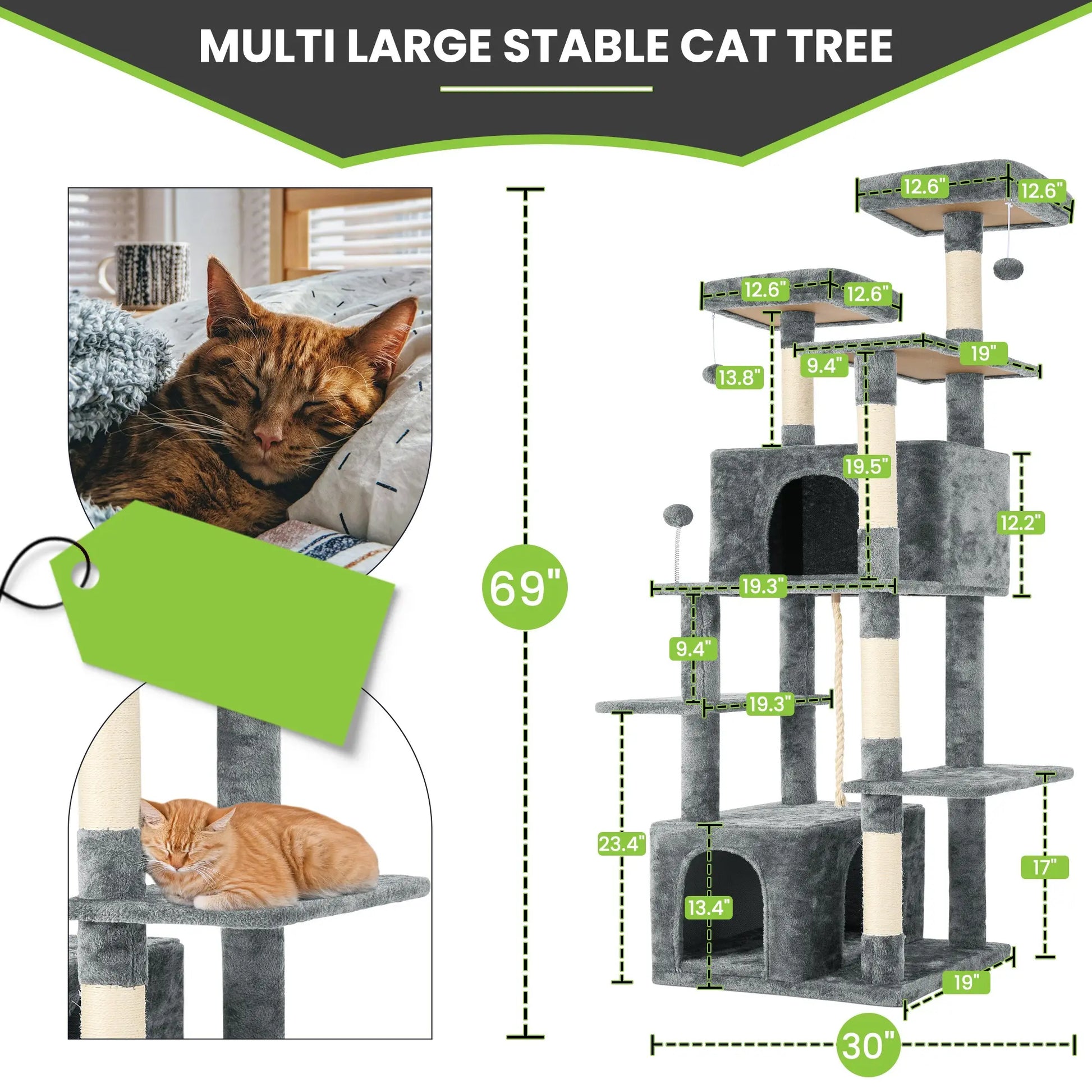 Wecharmer Indoor Cat Tree Tower with Green Leaf Design, Plush Condo and Hanging Ball, Pet Furniture with Scratching Posts
