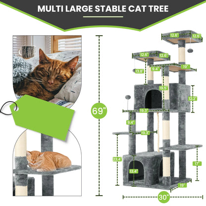 Wecharmer Indoor Cat Tree Tower with Green Leaf Design, Plush Condo and Hanging Ball, Pet Furniture with Scratching Posts