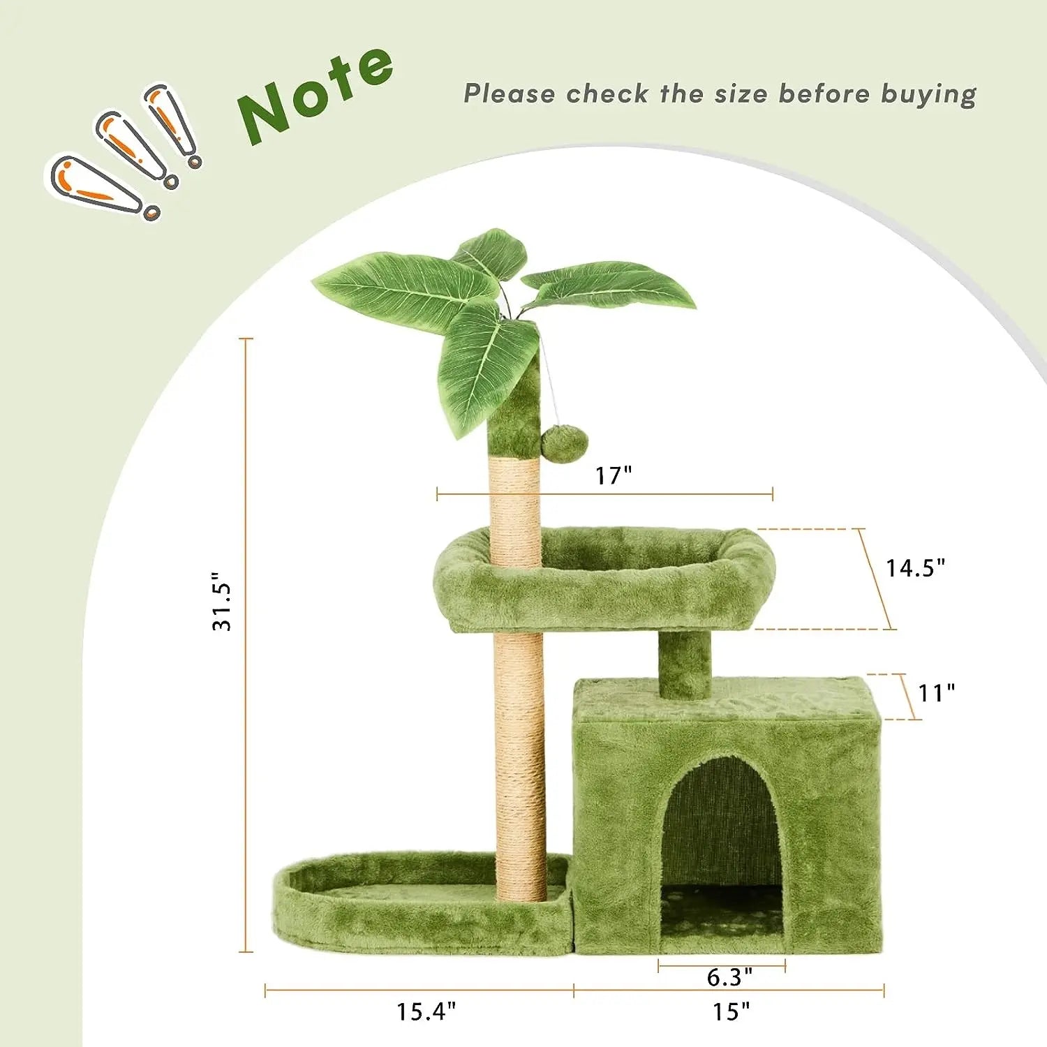 Wecharmer Indoor Cat Tree Tower with Green Leaf Design, Plush Condo and Hanging Ball, Pet Furniture with Scratching Posts