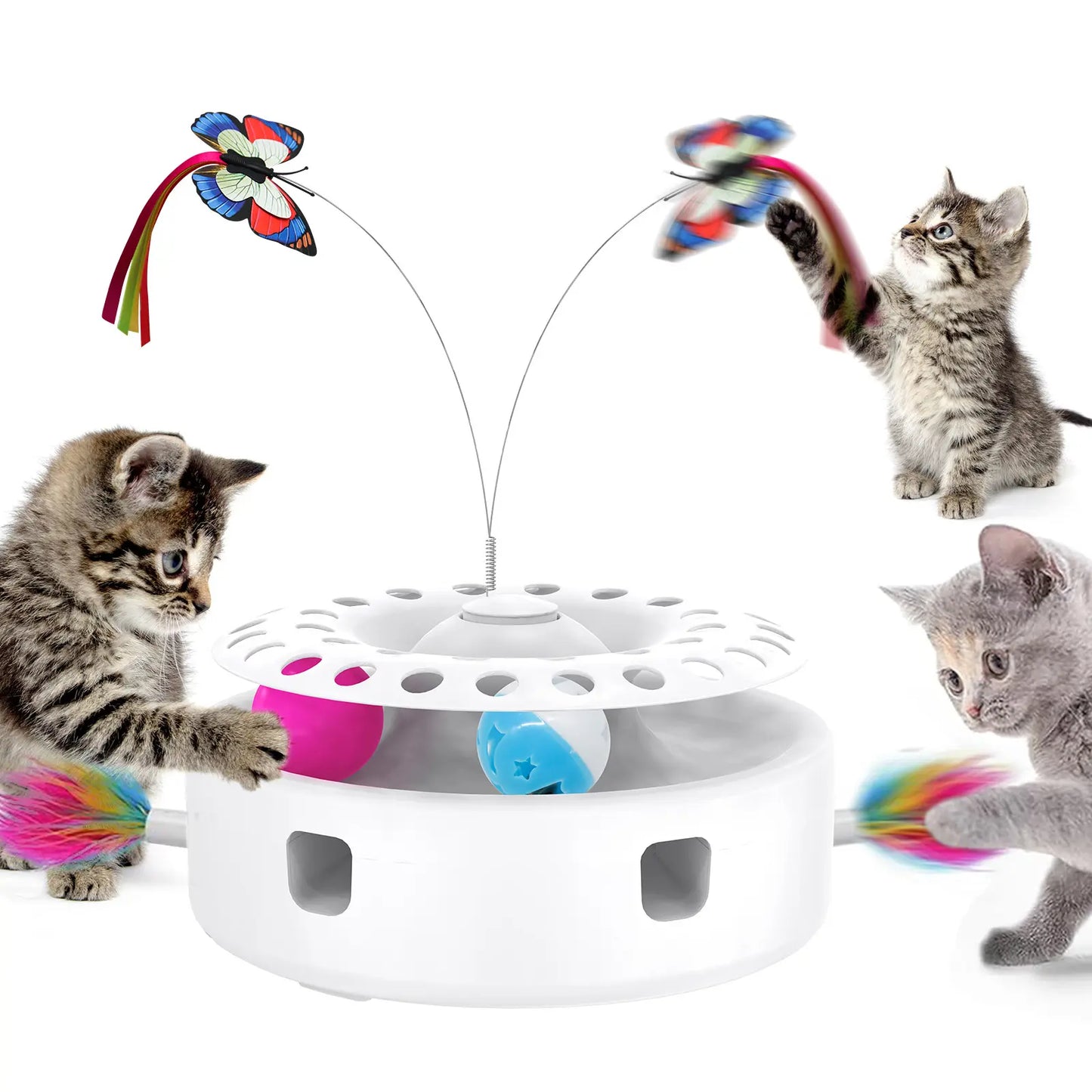 3-in-1 Interactive Wobbling Cat Roller Toy with Moving Feather and 360° Rotating Food Dispensing Feature for Anxiety Relief and Enhanced Playtime