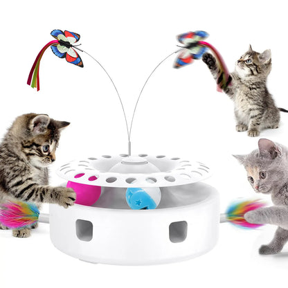3-in-1 Interactive Wobbling Cat Roller Toy with Moving Feather and 360° Rotating Food Dispensing Feature for Anxiety Relief and Enhanced Playtime