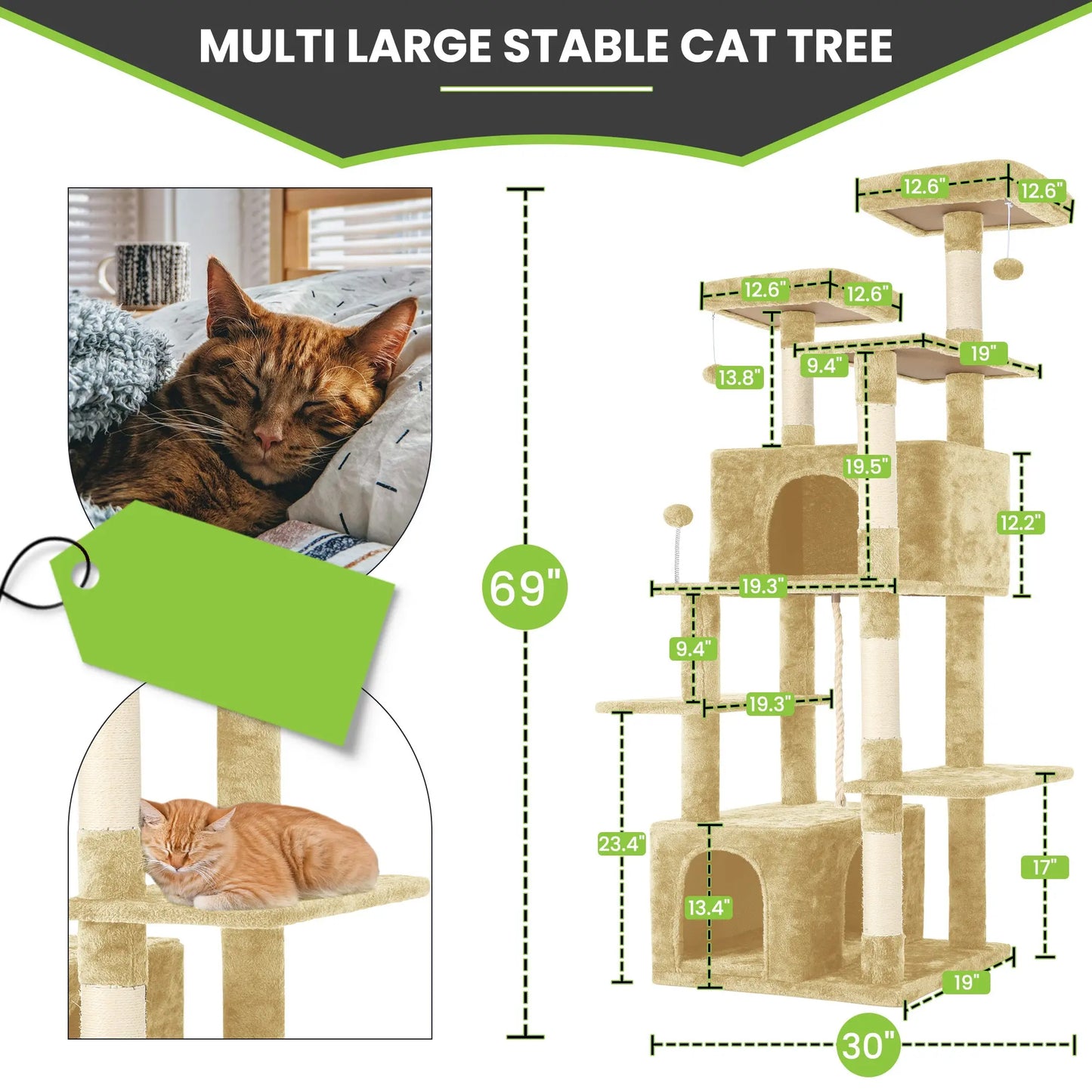Wecharmer Indoor Cat Tree Tower with Green Leaf Design, Plush Condo and Hanging Ball, Pet Furniture with Scratching Posts