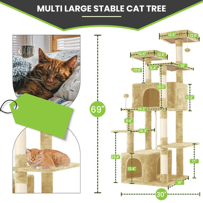 Wecharmer Indoor Cat Tree Tower with Green Leaf Design, Plush Condo and Hanging Ball, Pet Furniture with Scratching Posts